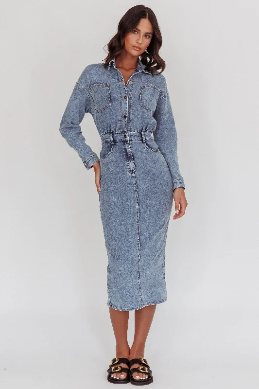 Light Inside Long Sleeve Midi Dress Denim Blue Trendy Ruched Side Midi Dress