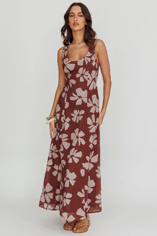 Lillia Floral A-Line Maxi Dress Brown Stylish Button-Up Maxi Dress