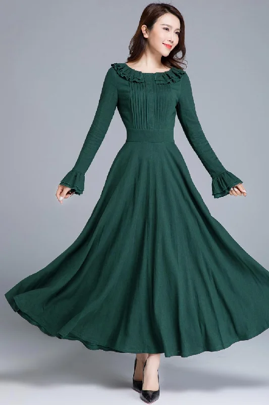 Long sleeve linen swing maxi dress 1651# Trendy Maxi Dress with Bow