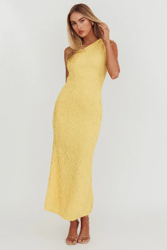 Lingering Love One-Shoulder Twist Midi Dress Lemon Comfortable Deep V Midi Dress