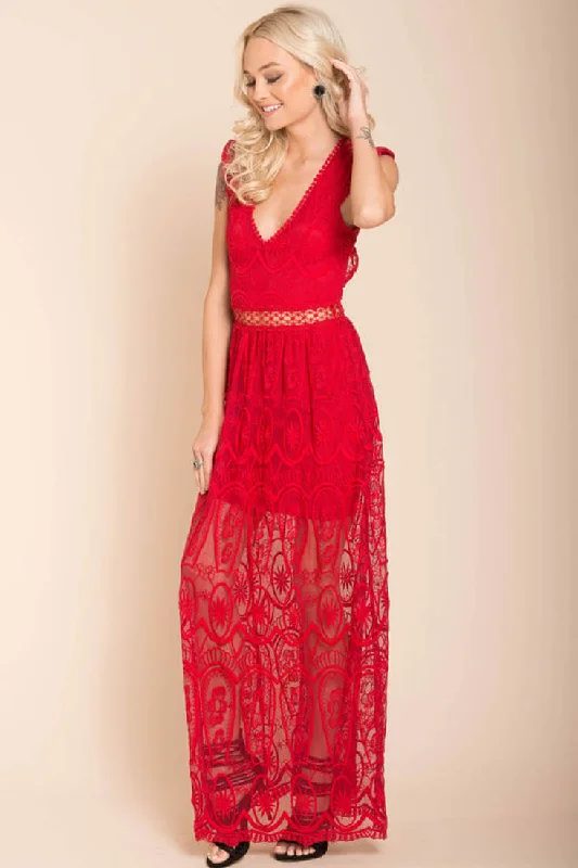 London Bohemian Glamour Maxi Dress Red Casual Maxi Dress with Pockets