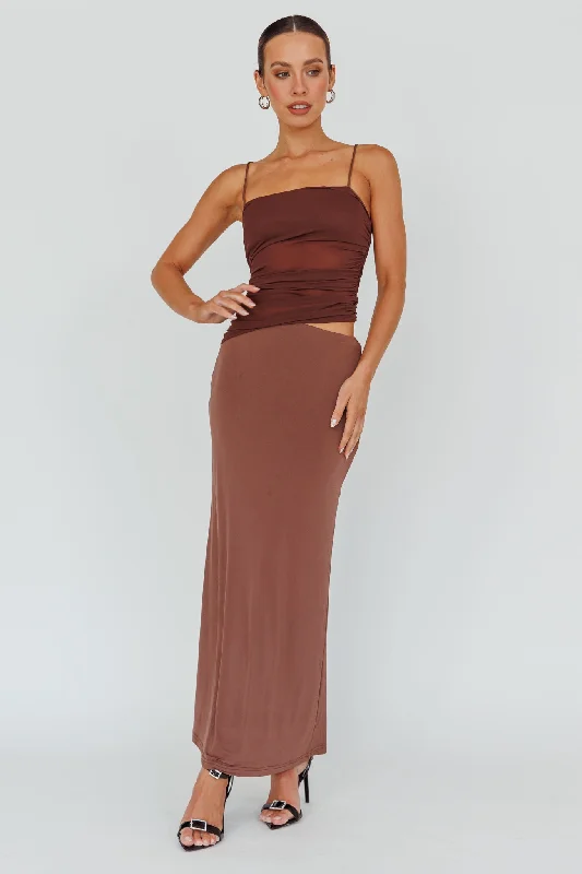 Lorely Ruched Bodice Midi Dress Brown Comfortable Sleeveless Midi Dress