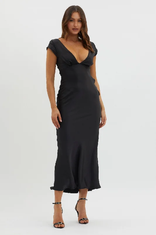 Lucinda V-Neck Twist Back Midi Dress Black Fashionable Pleated Midi Dress