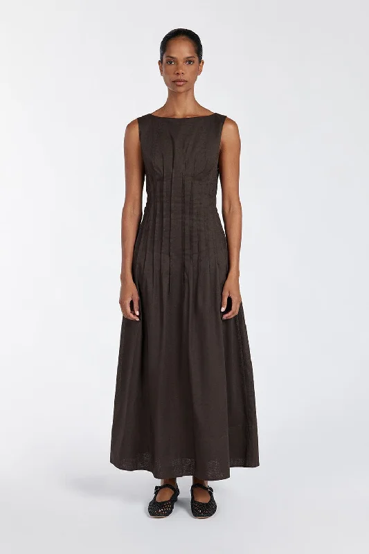 MANA BITTER CHOC LINEN MIDI DRESS Stylish Midi Dress with Cuffs