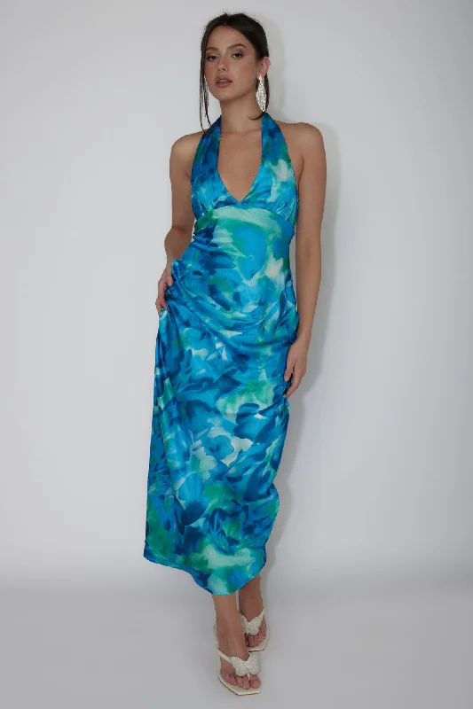 Martia Halterneck Maxi Dress Floral Green Trendy Maxi Dress with Belt