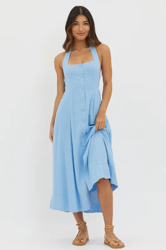 Marybeth Halterneck Midi Dress Blue Trendy Shift Midi Dress