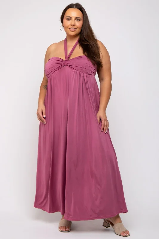 Mauve Front Knot Halter Plus Maxi Dress Fashionable Asymmetrical Maxi Dress