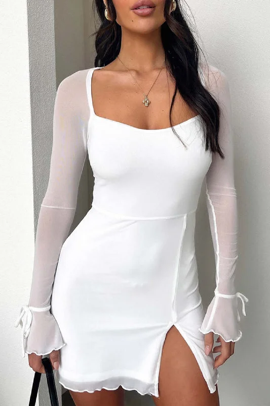 Mesh Patchwork Slit Mini Dress Fashionable Off-Shoulder Mini Dress