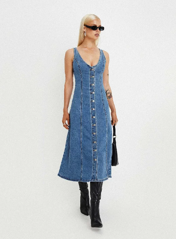 Midler Denim Midi Dress Mid Blue Comfortable Fit-and-Flare Midi Dress