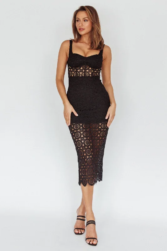 Milano Crochet Lace Midi Dress Black Comfortable Stretch Midi Dress