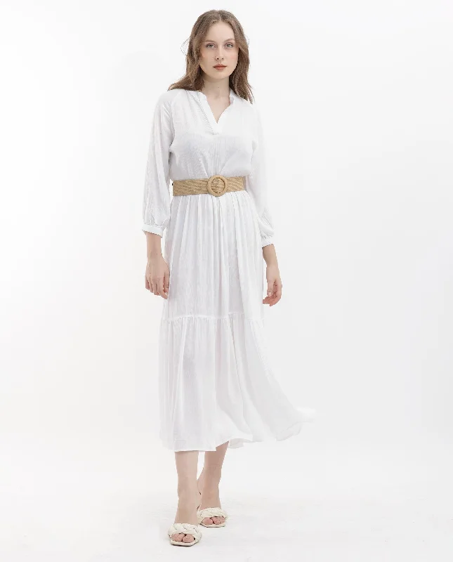 Rareism Women Miltry Light White Viscose Fabric Full Sleeves Mandarin Collar Raglan Sleeve Fit And Flare Plain Maxi Dress Comfortable Ruffle Maxi Dress