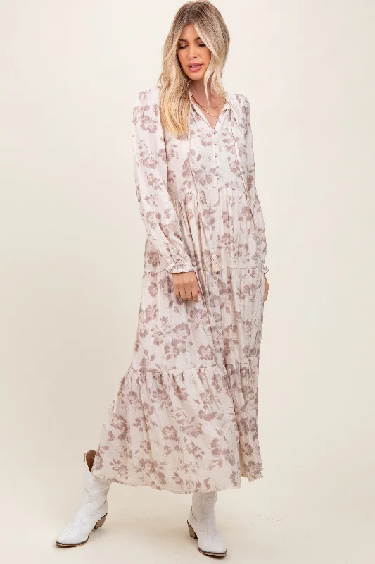 Mocha Floral Button Front Tiered Long Sleeve Maxi Dress Elegant Maxi Dress with Lace