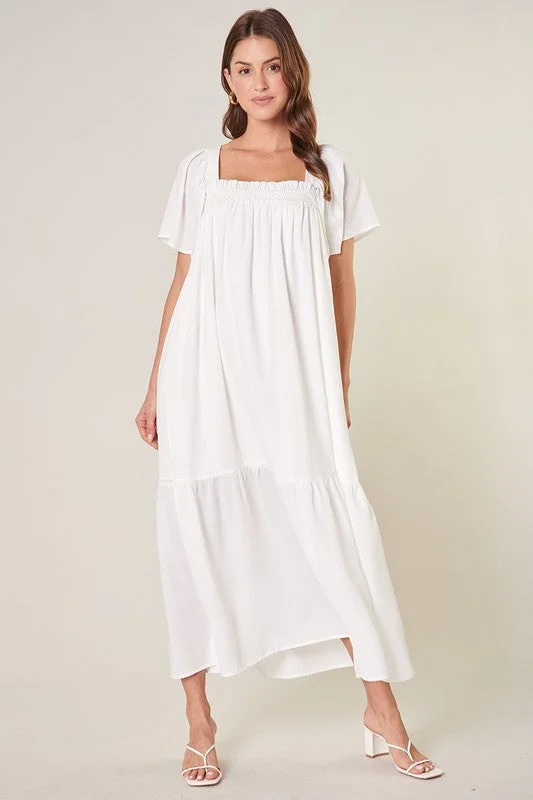 Moonstone Flutter Sleeve Cross Back Midi Dress Comfortable Short Sleeve Midi Dress