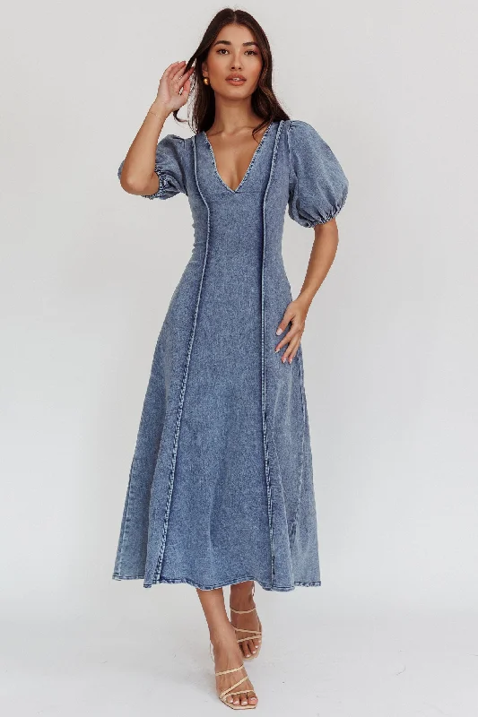 Morgane Puff Sleeve V-Neck Midi Dress Light Denim Blue Fashionable Plaid Midi Dress