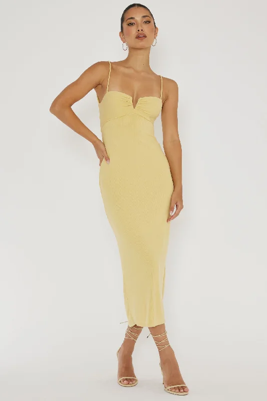 Namrata Twist Back Ribbed Midi Dress Lemon Comfortable Sleeveless Midi Dress