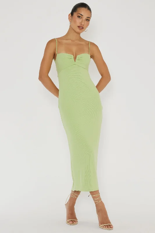 Namrata Twist Back Ribbed Midi Dress Matcha Elegant V-Neck Midi Dress