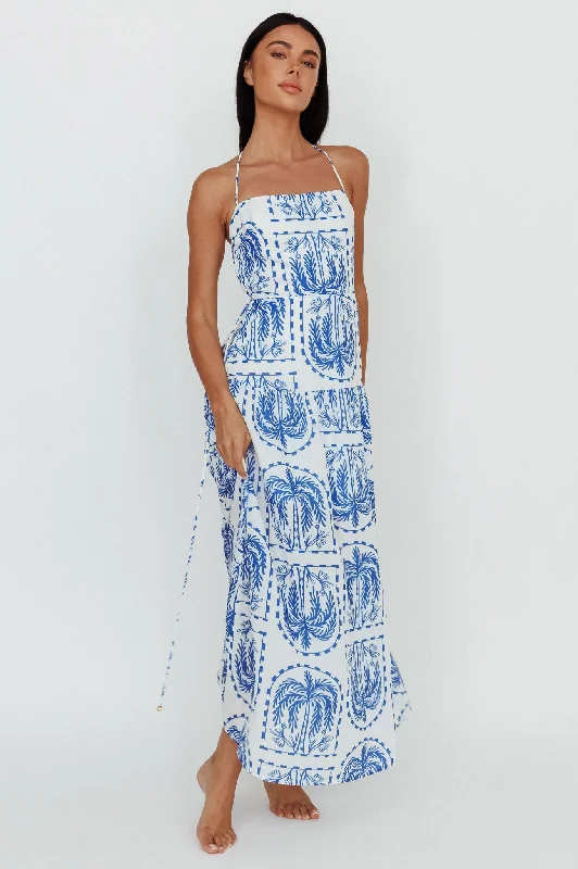 Natasia Halterneck Maxi Dress Palm Print Blue Fashionable Chiffon Tiered Maxi Dress