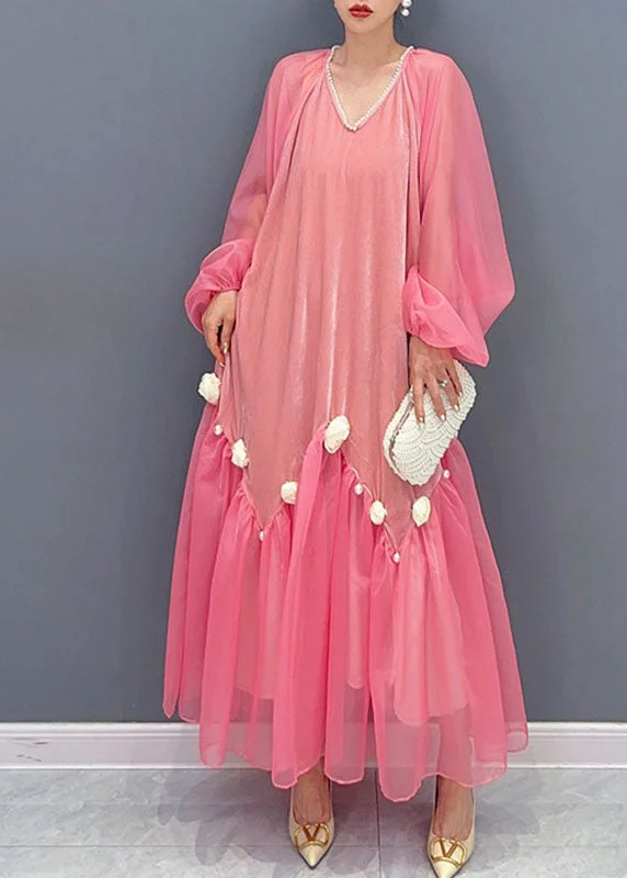 Natural Pink V Neck Tulle Patchwork Silk Velour Maxi Dress Long Sleeve Stylish Longline Maxi Dress