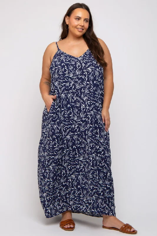 Navy Leaf Print Double V-Neck Plus Maxi Dress Comfortable Plunging Neckline Maxi Dress