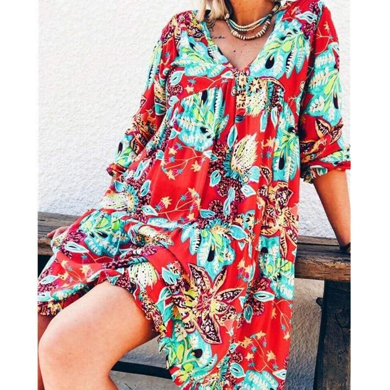 FashionSierra - New Fashion Women Long Sleeve Summer Autumn Boho Floral Printed Beach Casual Loose Kaftan Tunic Beach Mini Dress Sundress Chic Tropical Mini Dress