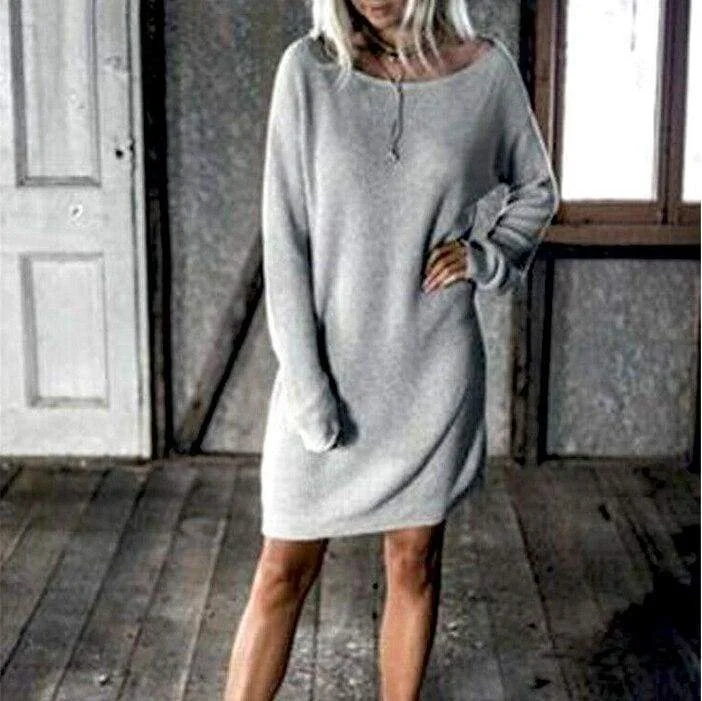 FashionSierra - New Fashion Women O Neck Long Sleeve Dress Solid Color Loose Dress Ladies Casual Warm Mini Dress Winter Trendy Denim Mini Dress