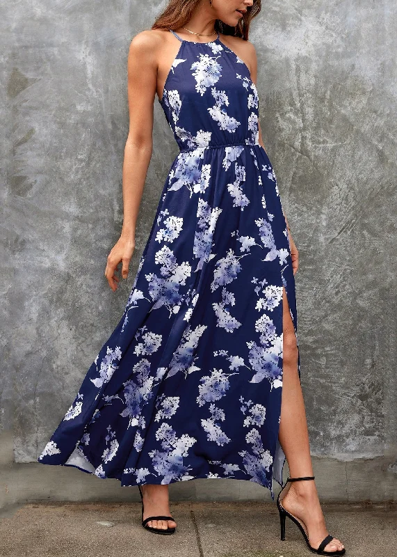 New Navy Side Open Print Cotton Maxi Dresses Summer WW1050 Stylish Off-Shoulder Maxi Dress