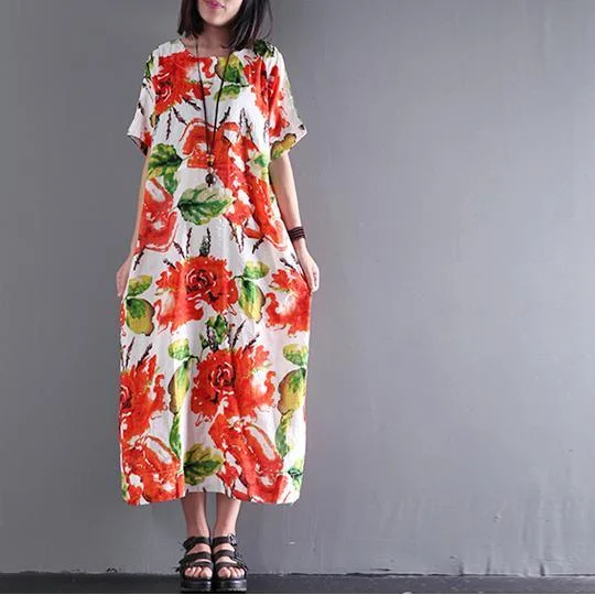 New print linen dress o neck short sleeve sundress loose casual maxi dresses Fashionable Open-Back Maxi Dress