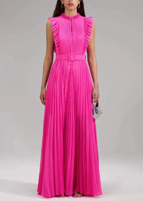 New Rose Ruffled Button Sashes Chiffon Maxi Dresses Sleeveless WW1063 Stylish V-Neck Maxi Dress