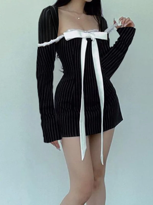 New style French square neck bow tie temperament striped long-sleeved Sexy Mini dress Fashionable Lace Mini Dress