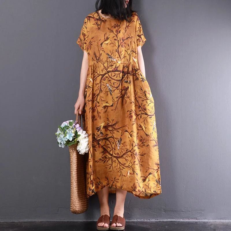 New Summer Yellow Print Linen Dresses Plus Size High Waist Sundress Short Sleeve Maxi Dress Comfortable Long-Sleeve Maxi Dress