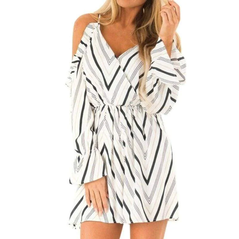 FashionSierra - New Women Autumn Dress Fashion V neck Off Shoulder Striped Long Sleeve Casual Holiday Short Mini Dress Classic Solid Mini Dress