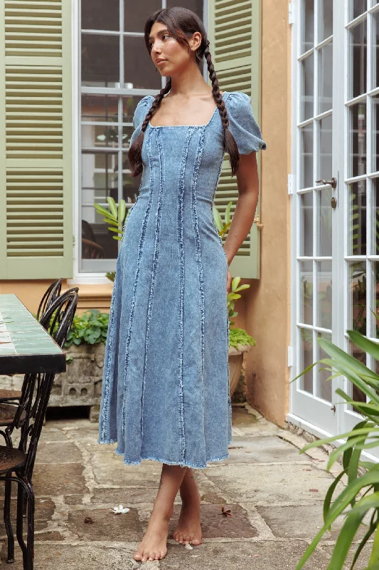 Northern Sky Fringe Puff Sleeve Midi Dress Denim Blue Trendy Boho Midi Dress