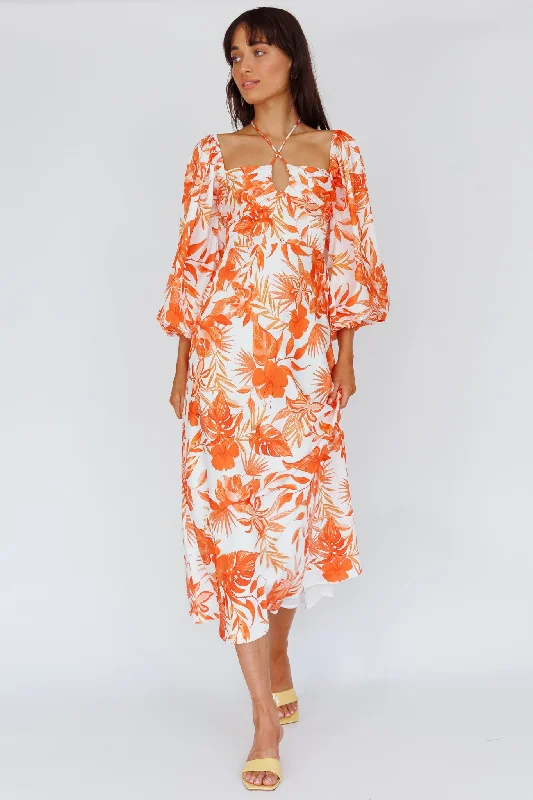 Nyree Long Sleeve Maxi Dress Tropical Orange Comfortable Maxi Dress with Slits