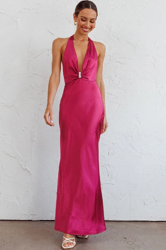 Oasis Diamante Halterneck Maxi Dress Fuchsia Trendy Satin Maxi Dress