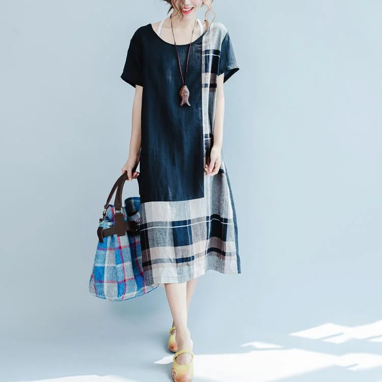 original black linen summer dress patchwork maxi dress short sleeve stylish sundress Comfortable Pleated Maxi Dress