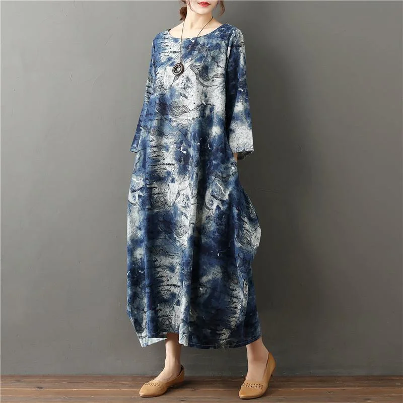 Women O Neck Asymmetric Spring Tunics Work Print Maxi Dress Fashionable Off-Shoulder Maxi Dress