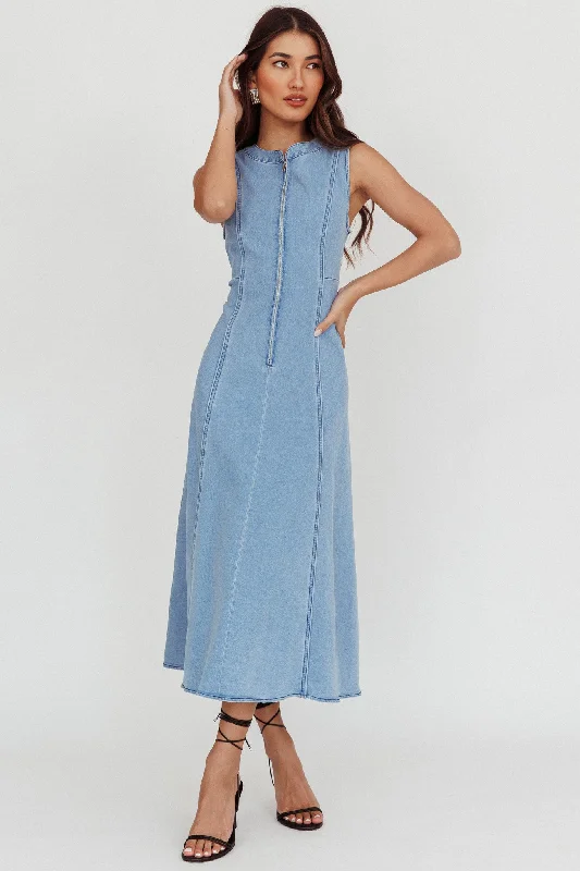 Passionate Flame Sleeveless A-line Midi Dress Denim Blue Stylish Striped Midi Dress