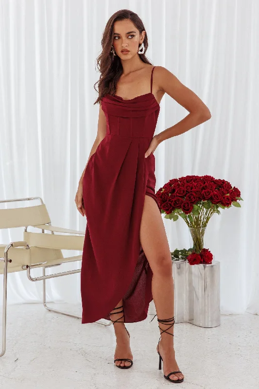 Patrice Draped Neck Split Midi Dress Wine Trendy Flared Sleeve Midi Dress