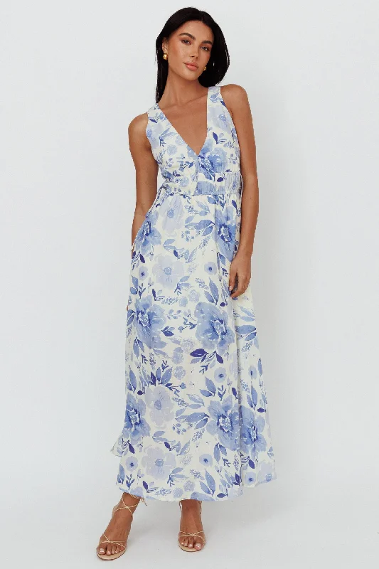 Perla V-Neck Drawstring Maxi Dress Floral Blue Stylish One-Shoulder Maxi Dress