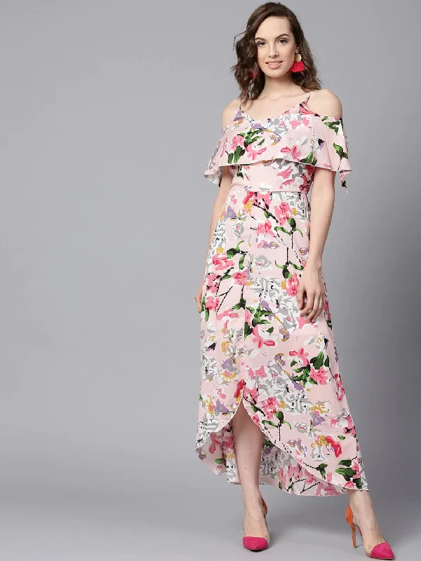 Pink Floral Layered High Low Maxi Dress Stylish One-Shoulder Maxi Dress