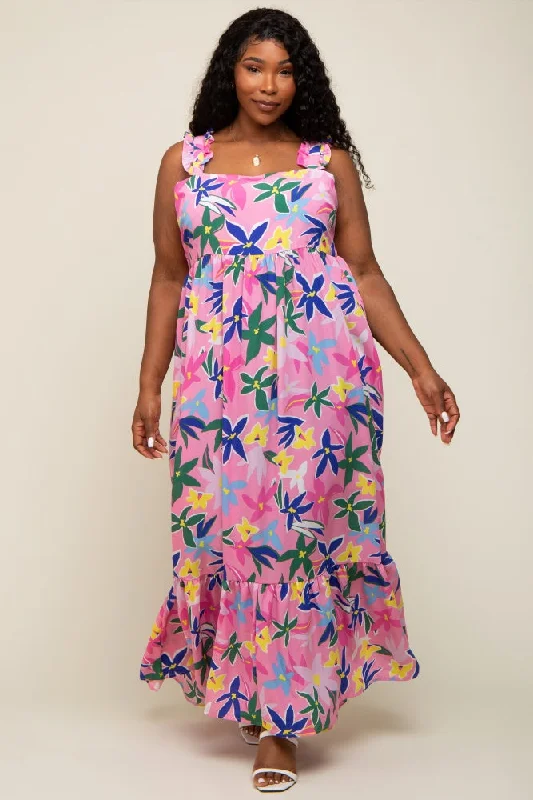 Pink Floral Ruffle Strap Plus Size Maxi Dress Comfortable Casual Maxi Dress