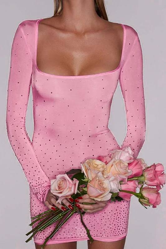 Pink Rhinestone U Neck Mini dress Chic Puff Sleeve Mini Dress