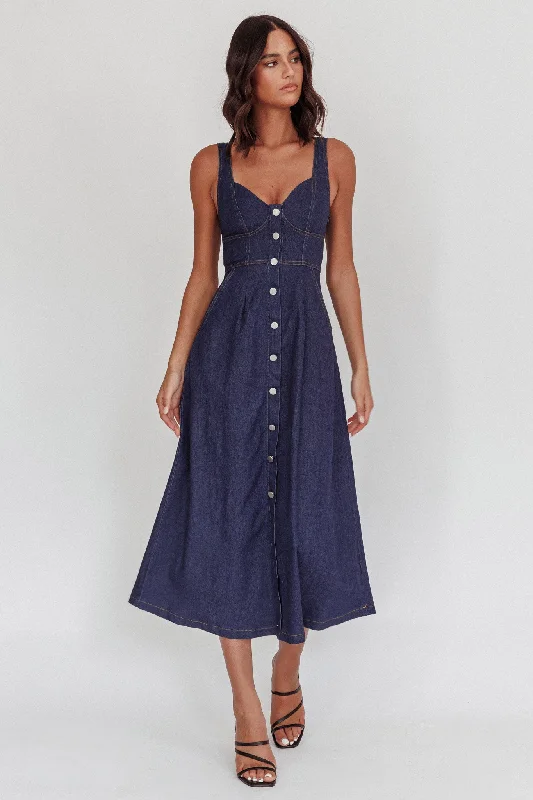 Pixie Dust Button Front Midi Dress Dark Denim Fashionable Fitted Midi Dress