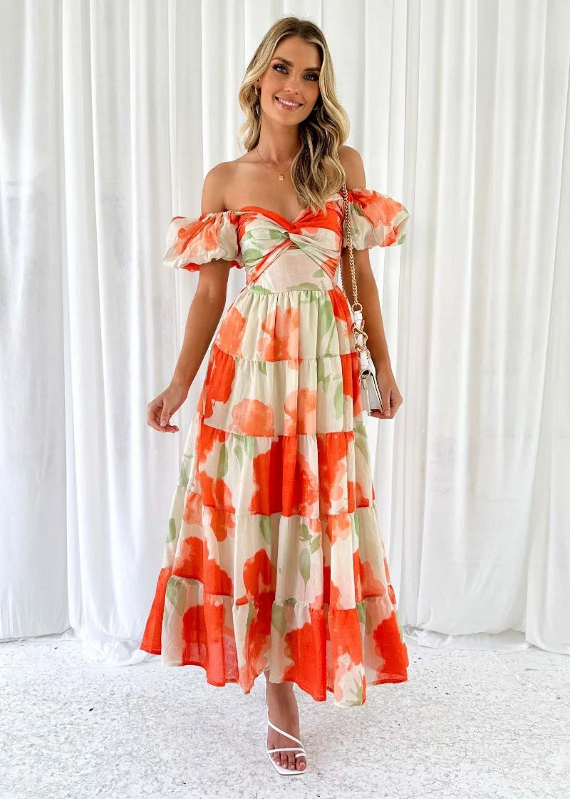 Puff Sleeve Off Shoulder Maxi Dresses Trendy Short Sleeve Maxi Dress