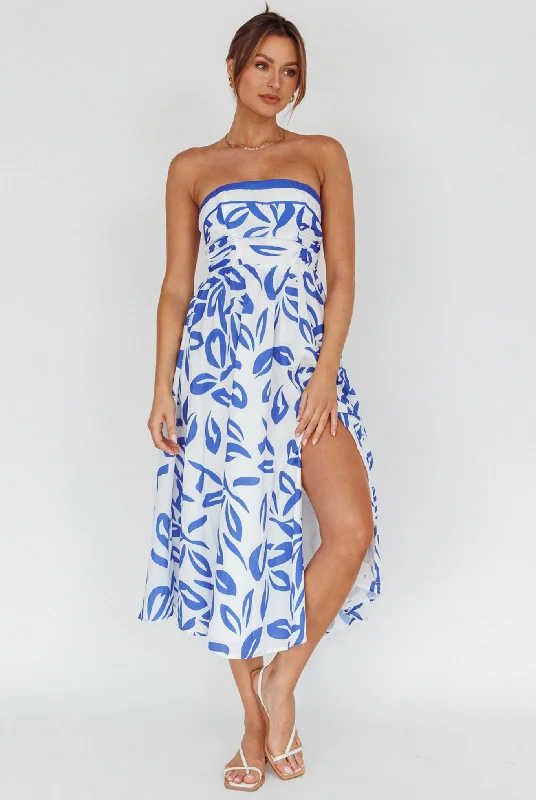 Randi Tie-Back Maxi Dress Leaf Print Blue Comfortable Satin Maxi Dress