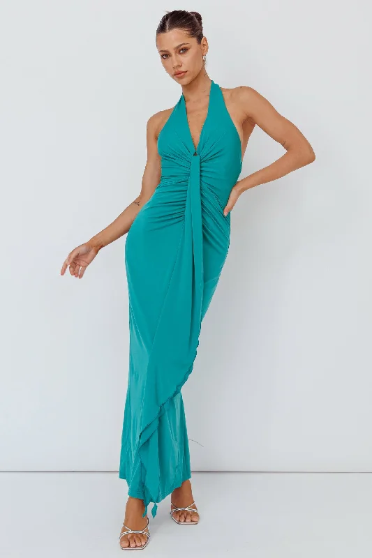 Ray Of Light Ruched Halterneck Maxi Dress Green Fashionable Sleeveless Maxi Dress