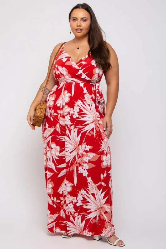 Red Floral Palm Print Wrap Plus Maxi Dress Stylish Longline Maxi Dress