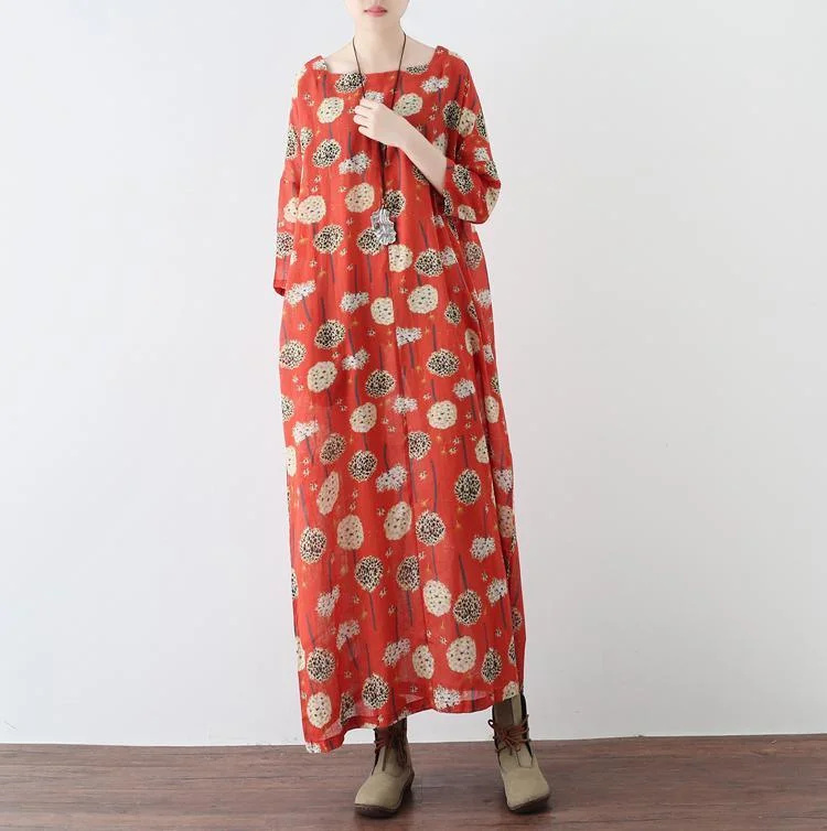 Red Prints Vintage Chiffon Dresses Oversize Casual Bracelet Sleeve Maxi Dress 2022 Trend Gown  ( Limited Stock) Cozy Wrap Maxi Dress