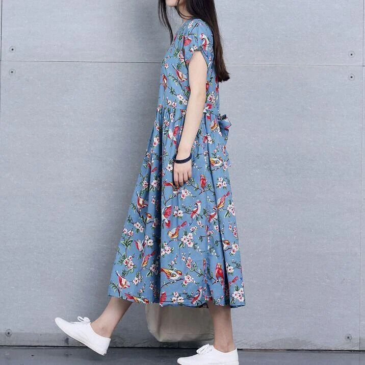 Retro print floral linen sundress oversize maxi dresses summer traveling dress Elegant Floral Maxi Dress