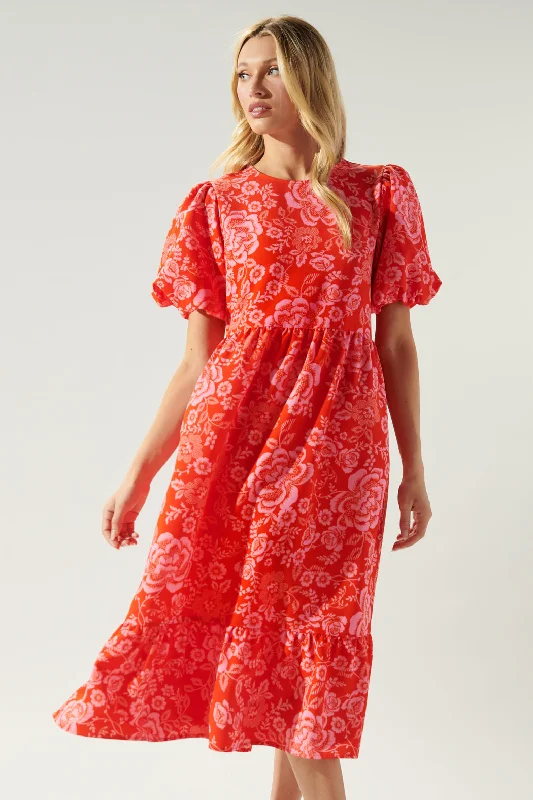 Rhubarb Floral Papillon Puff Sleeve Midi Dress Chic Lace Detail Midi Dress